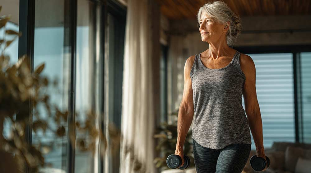 Femme d'environ 60 ans aux cheveux grisonnants, en tenue de sport, pratiquant un exercice debout dans un salon moderne, illustrant le lien entre l'activité physique douce, la régularité et la perte de poids durable après 50 ans